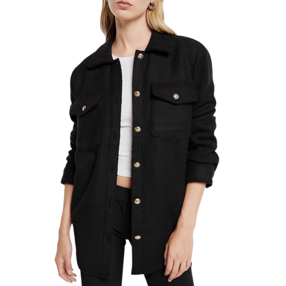 Express Black Tweed Oversized Shacket w/ Gold Novelty Buttons